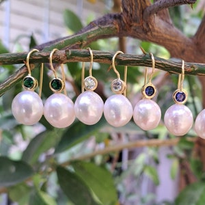 Baroque pearl earrings .sterling silver 925. with green or blue cubic or amethyst zircon, Vintage Pearl Earrings, Dainty drop earrings.