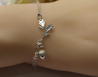 Acorn bracelet on branch sterling silver  .Gold  vermeil or rose gold vermeil Bracelet with Acorn and Oak Leaf.  gift for her