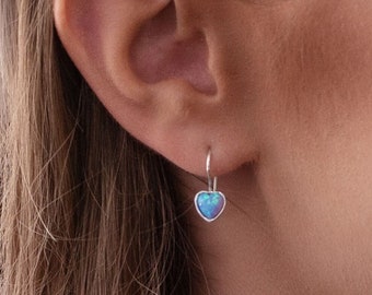 Blue Opal Earrings, Heart Shaped Earrings, Blue Bridal Eartings, October Birthstone, Silver Gold Opal Drop Earrings, Earrings with gemstone