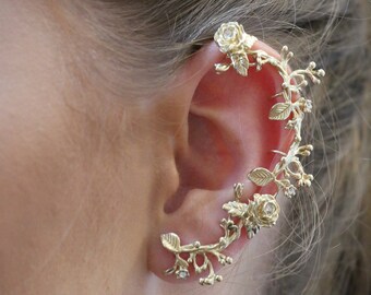 Rose Flowers Ear Cuff, Rose Jewelry, Ear Crawler Jewelry, Ear