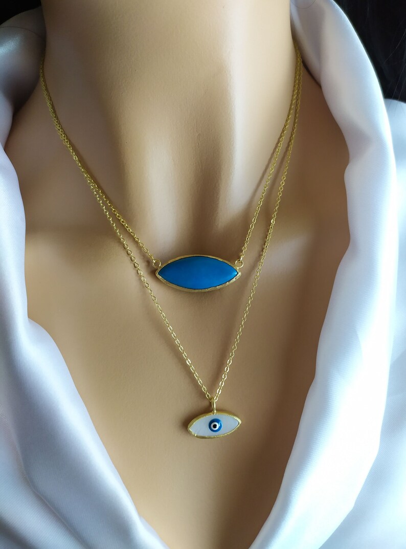 Boho Chic gold necklace protects evil eye .Christmas Jewelry Fall New style Mother of pearl Eye Pendant .Layers Eye Pendant in Gold