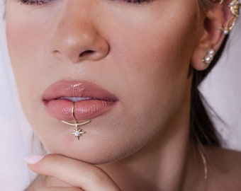 Diamond Lip Cuff, Fake Lip Ring, Faux Piercing, Sterling silver , Statement Body Jewelry,  Cuff, Septum cuff, Gift For Her, star, Wedding