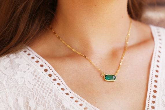 Gold Green Necklace Birthstone Necklace. Rectangle Necklace