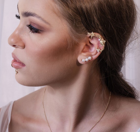 Leaves Ear Cuff Leaves and Pearls Jewelry Ear Crawler Ear Climber Ear Wrap Ear Jacket Sterling Silver 18ct Gold Plated Non Pierced Etsy Canada