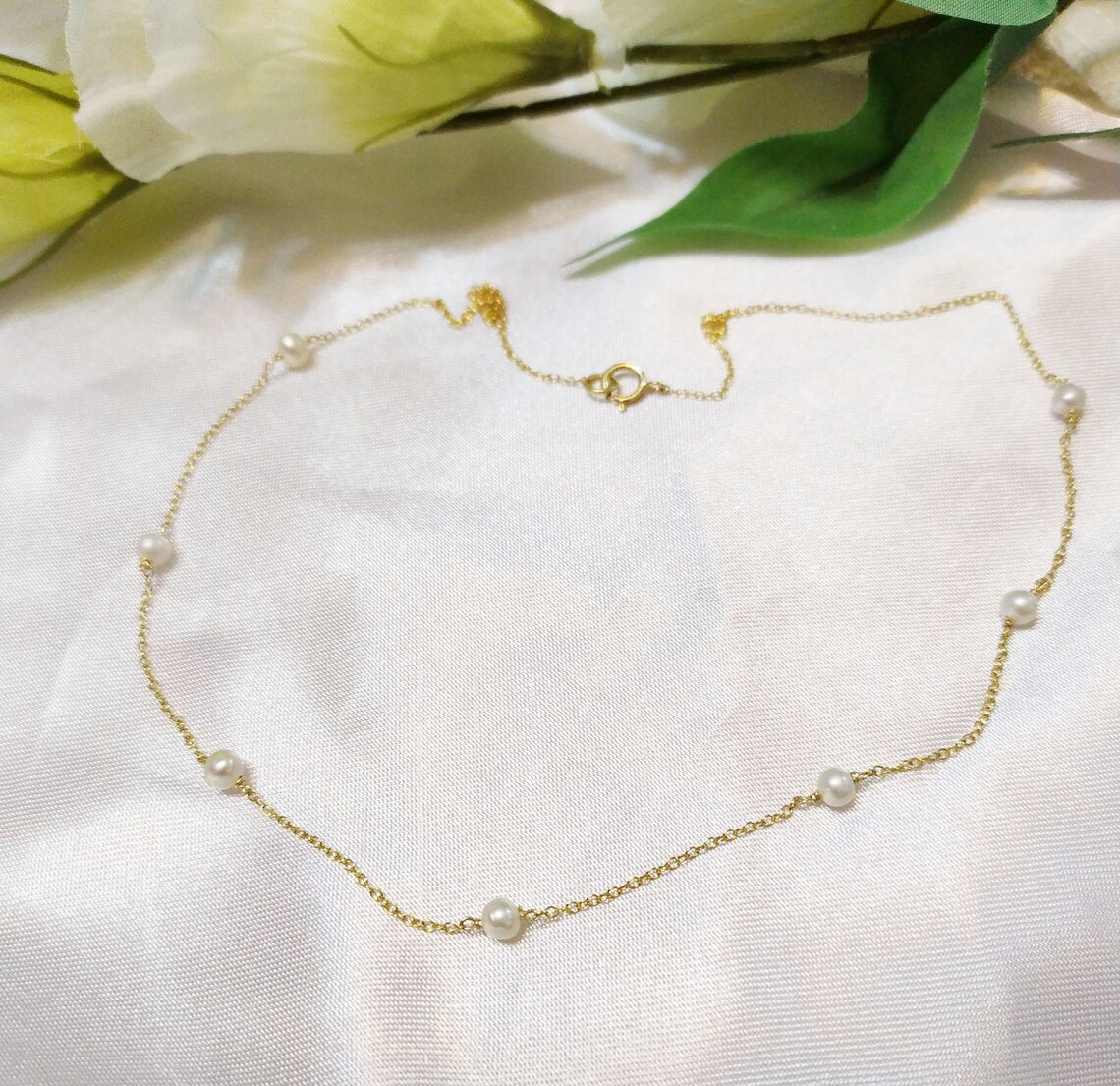 14k fine gold Choker Dainty Pearl 14k Real Gold Delicate Etsy