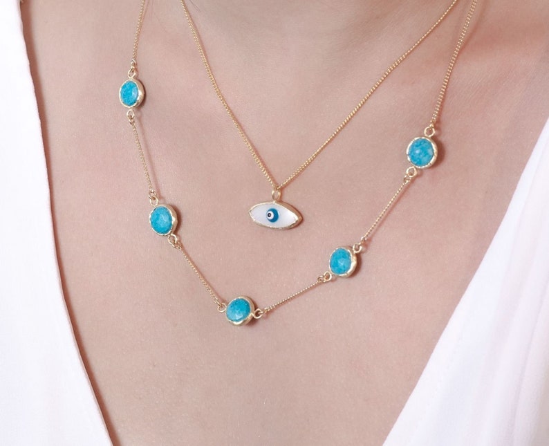 Evil eye Layered Necklace, Gold or sterling Silver necklace, Gift for Her, Evil eye pendant , gold necklace . Boho Chic. image 4