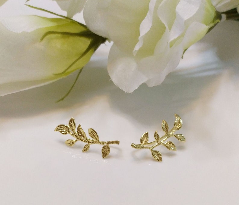 Leaves Ear cuff , Ear Climber, bridal earrings, wedding earrings, Gold Earrings image 2