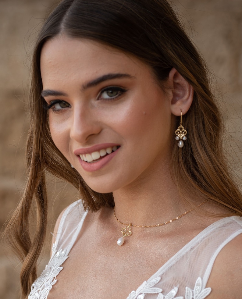 Pearl chandelier earrings, Pearl Bridal earrings, Bridal jewelry, Hoop Wedding earrings, Gold chandelier earrings, Wedding jewelry image 2