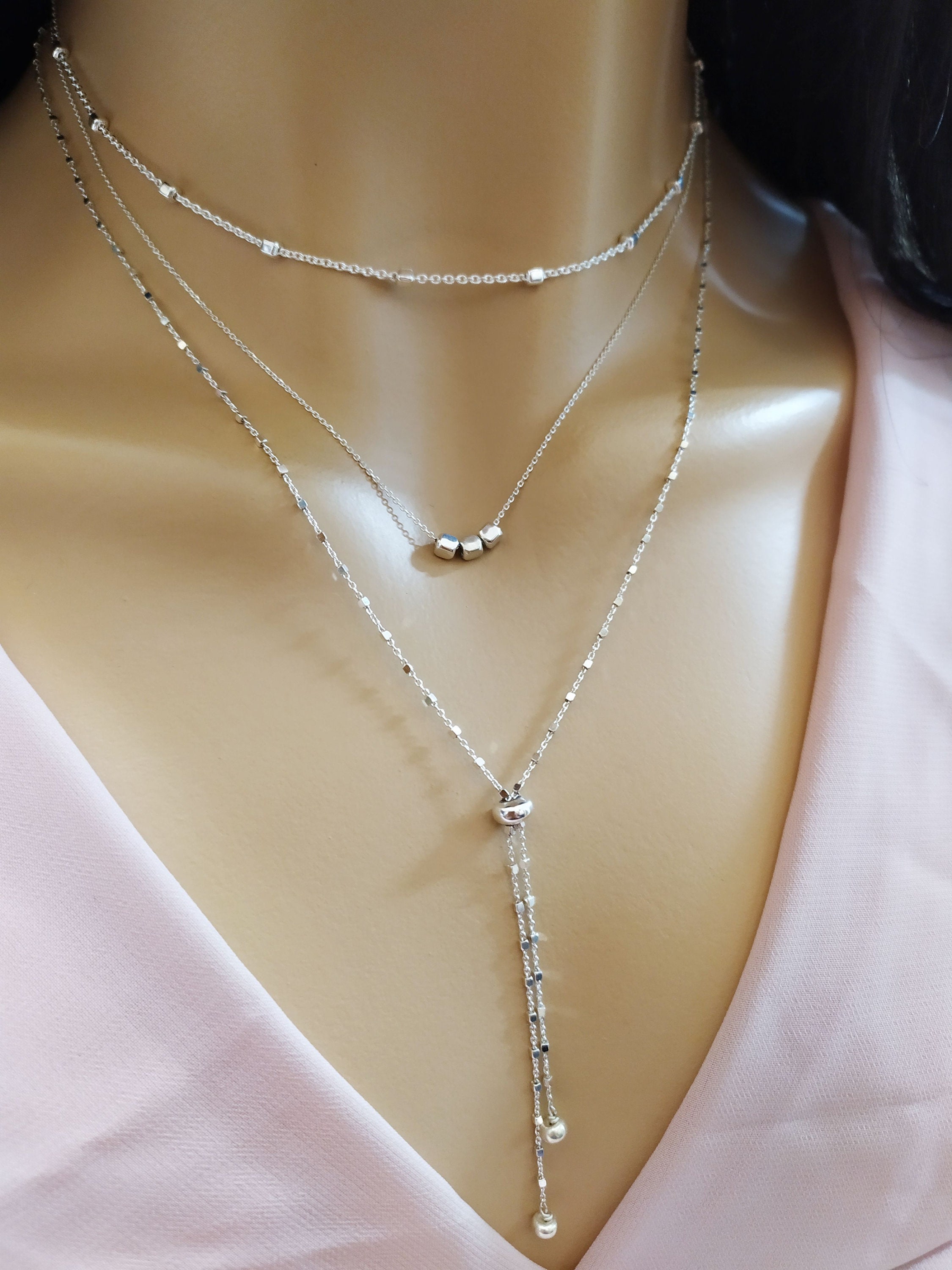 Delicate sterling Silver Set necklace, choose between three Style:Cube Choker/ three cubes/ Y Tie necklace . Gift for her