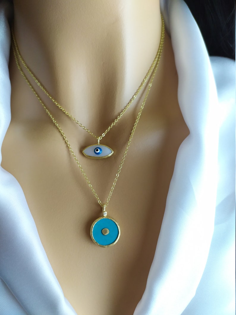 Boho Chic gold necklace protects evil eye .Christmas Jewelry Fall New style Mother of pearl Eye Pendant .Layers Eye Pendant in Gold