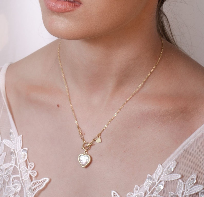 Pearl Heart Necklace // Love Necklace // Dainty Heart Necklace // Layering Necklace // silver Necklace// 18k gold vermeil // Wedding jewelry image 2