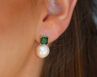 Baroque pearl earrings with green cubic zircon or blue or aqua , Vintage Pearl Earrings, Dainty drop earrings.  Gift for her