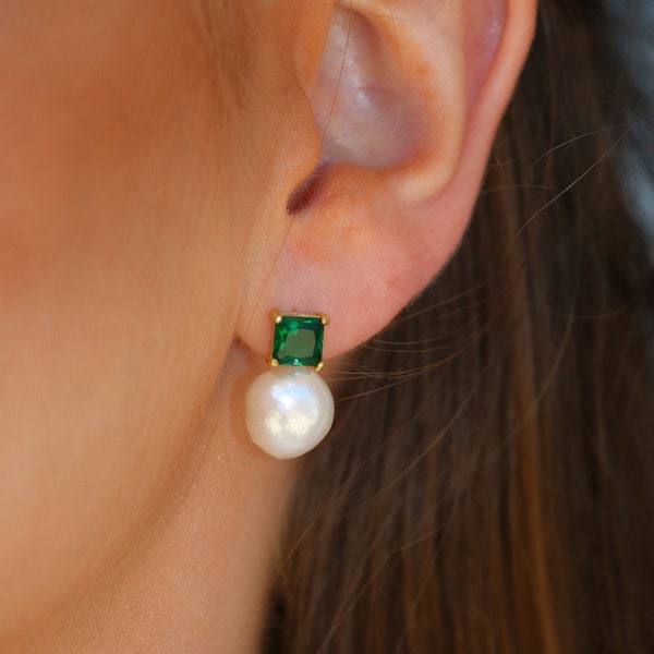 Baroque pearl earrings with green cubic zircon or blue or aqua , Vintage Pearl Earrings, Dainty drop earrings.  Gift for her