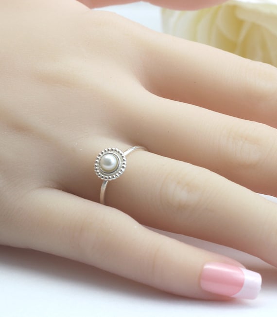 Sterling Silver 925 Pearl Ring small Ring Promise Ring.unique Design Handmade Contemporary Hammered. Etsy UK