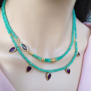 Collier chrysoprase pierres précieuses or vermeil 18 carats - Superposition, chrysoprase verte avec améthyste, choisissez entre le style 1 ou le style 2