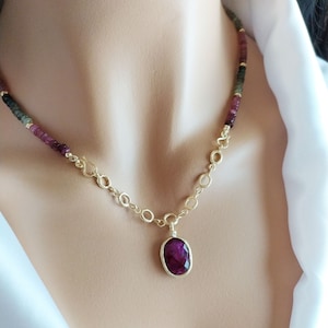Natural Tourmaline Necklace with Central stone Ruby  18ct Gold Vermeil  / Genuine Gemstones
