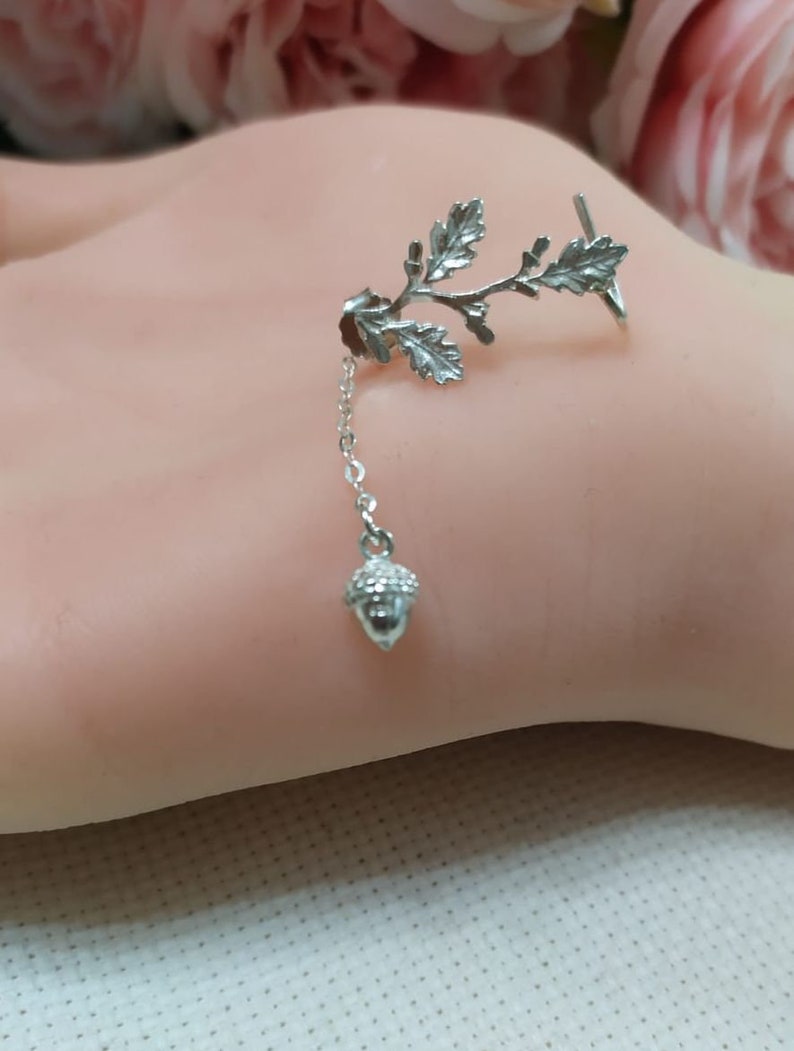 Oak Leaf climbing and acorn Ear, 925 silver oak leaf cuff, leaf jewelry, Ear Climber Earrings , Minimalist earring. gift for her image 9