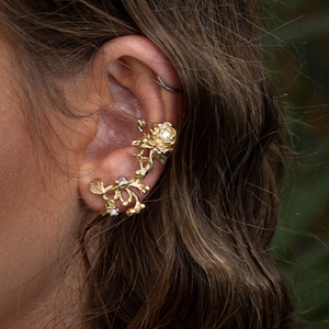 Rose flowers Ear Cuff, Rose Jewelry, ear crawler jewelry, ear climber, ear wrap, 18ct gold plated, sterling silver 925 Ear Cuff image 3