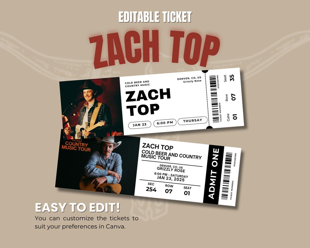 Zach Top Cold Beer & Country Music Gepersonaliseerde Tour Ticket Templates Editable in Canva