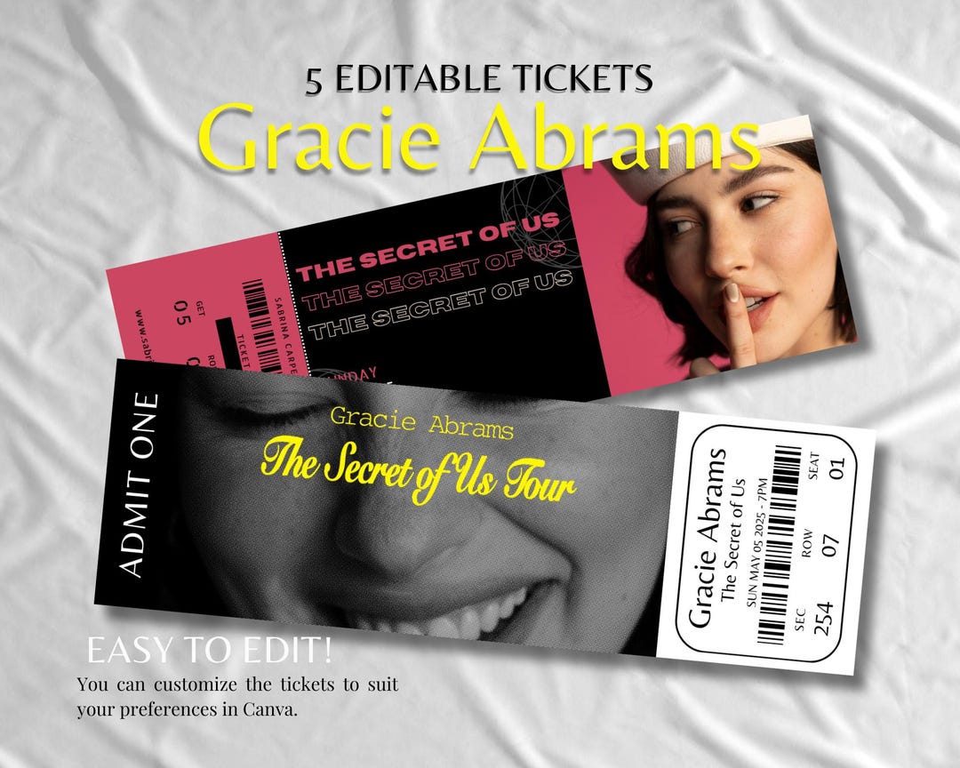 Gracie Abrams the Secret of Us Tour 2025 - Editable 5 Ticket Templates
