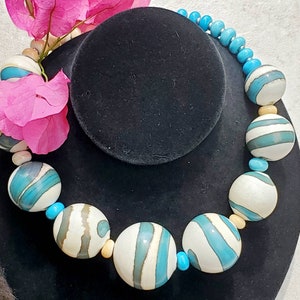 Murano Glass blown beads statement necklace one of a kind Ivory / Turquoise  hollow glass bubbles