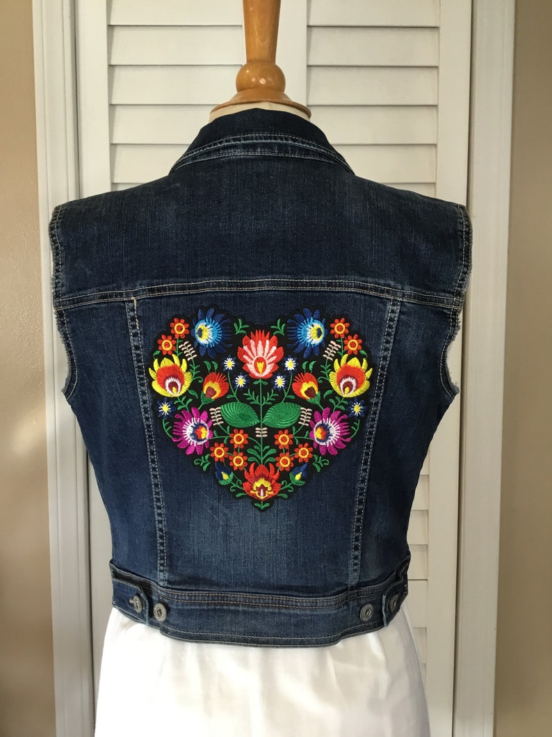 S-M Flower Heart Monarch Butterfly Colorful Denim Vest