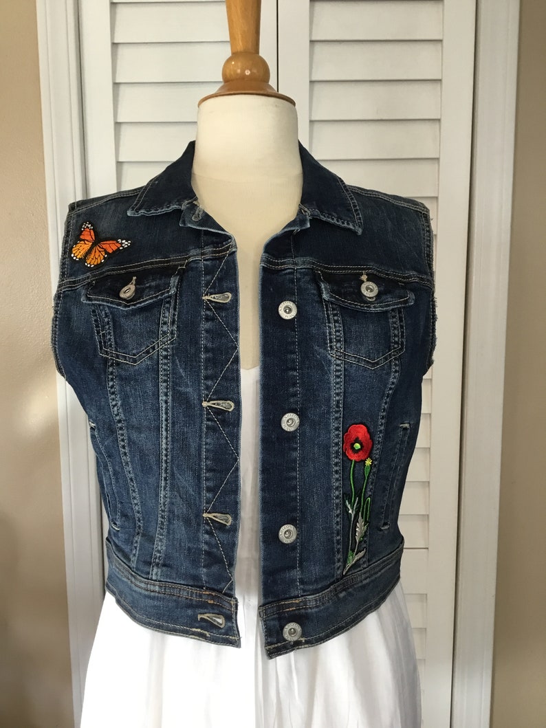 S-M Flower Heart Monarch Butterfly Colorful Denim Vest