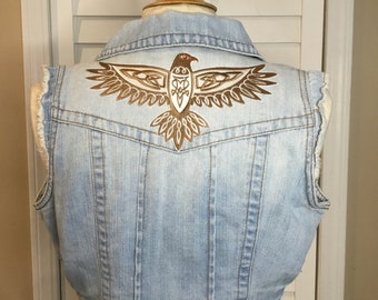 Vintage Celtic Knot Eagle Denim Crop Vest | S