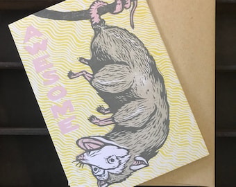 Awesome Possum Woodcut Card