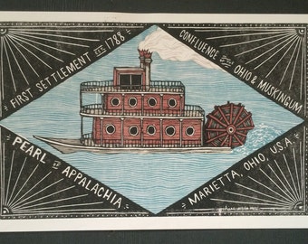 Marietta, Ohio Sternwheeler Woodcut