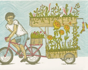 Bicycle Garden Woodcut Print