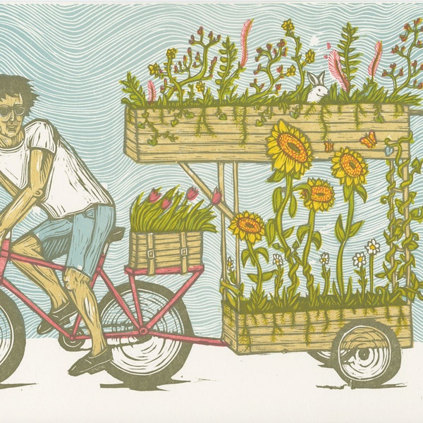 Impression de gravure sur bois jardin vélo