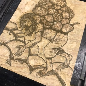 May include: A woodblock print of a person carrying a large, heavy load on their back. The person is depicted in a bent-over position, struggling to move forward. The load is made up of many small, rounded objects, possibly rocks or fruit. The print is done in shades of brown and black, and the lines are thick and expressive.