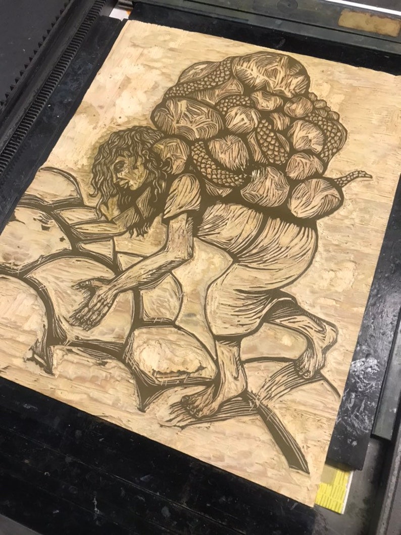 May include: A woodblock print of a person carrying a large, heavy load on their back. The person is depicted in a bent-over position, struggling to move forward. The load is made up of many small, rounded objects, possibly rocks or fruit. The print is done in shades of brown and black, and the lines are thick and expressive.