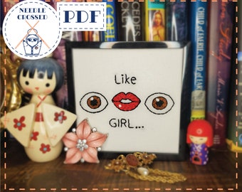 Eyes and Lips Emoji Face. Like GIRL. TikTok inspired hand embroidery pattern. font type embroidery. digital download. PDF pattern.