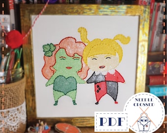 Sirens. Poison Ivy And Harley Quinn. hand embroidery pattern. digital PDF pattern. super villain girlfriends. Gotham City Sirens. queer art.