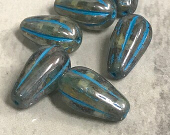 092 6 Teal with White Core and Brown Wash Fluted Glass Czech Melon Drop Beads 22x11mm