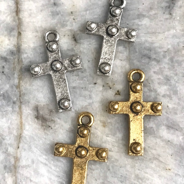 Small Dotted Cross Pewter Charm pendant Religious Pendant Altered Art Supplies Jewelry Rustic antique gold or silver 2 pcs (PL2)