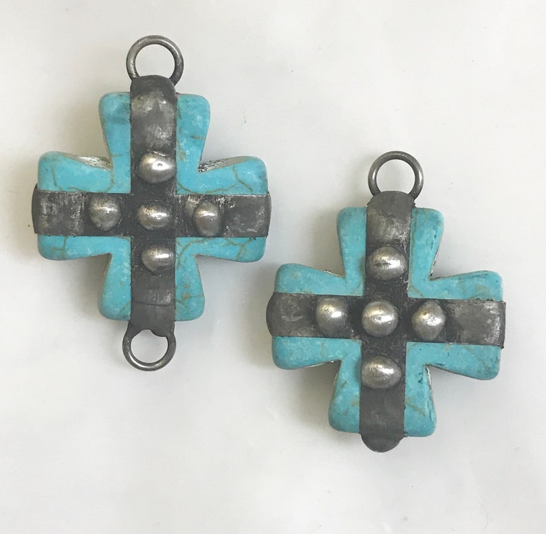 Howlite Cross Pendant Turquoise Blue Soldered Dots Southwestern Bohemian Altered Jewelry Findings Connector Link 1 Pc