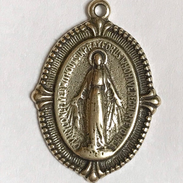 Mary Miraculous Medal Vintage Reproduction Blessed Mother Sterling or Brass 7/8" Religious Medal Catholic Medals Blessed Madonna 1 pc (MM7)