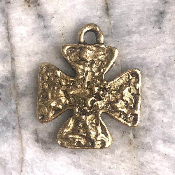 Pewter Cross Rustic Hammered Religious Pendant cross Rugged Altered Art Supplies Jewelry Antique Gold 1 pc (PL8)