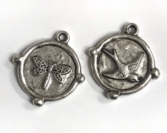 Artisan Original Pewter Bird Dragonfly pendant Sparrow Double sided jewelry components bracelet supplies nature Antique silver 1 pc (PL12)