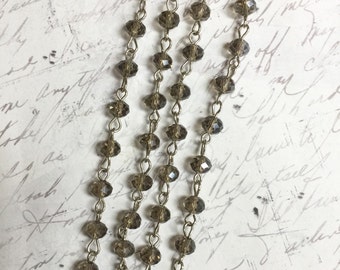 1 Meter 39.5" Linked gray Rondelle Beaded Chain silver wire 6 x 4mm Gray Faceted bead Rosary style chain Beading Component necklace #38