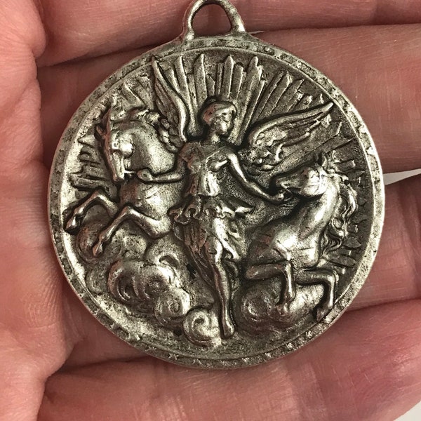 Large Pewter Angel and Horses Medal Pendant Jewelry components Bohemian Boho Necklace Findings Charm Antique Silver 1 pc. (PL9)