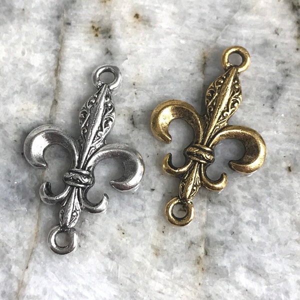 2 pc Connector Fleur de lis pendant Cross Charms Religious Supplies Jewelry Pewter NOLA New Orleans Saints Link antique Silver or gold (PL3)