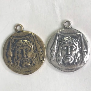 Reproduction vintage de la médaille de la Sainte-Face de Jésus en argent sterling ou en laiton 33/16 po. Médaille religieuse Notre-Dame du Mont-Carmel 1 pièce (HJF)