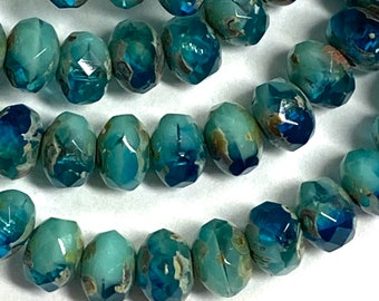 3 x 5mm Czech Glass Rondelle Beads in shades teal and turquoise Picasso Finish 30 Beads Bohemian Bead Supplies BOHO #64