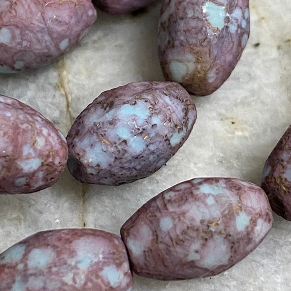 Oval Olive 8 x 12mm Plum Sky Blue bead Czech glass Beads Olives Etched Gold finish Bead 6 pieces BOHO Supplies #65