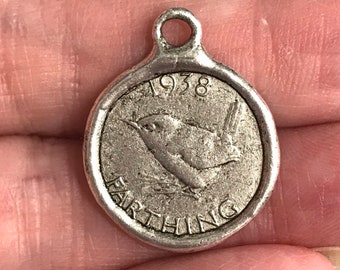 English Farthing Coin REPRODUCTION PEWTER Pendant Artisan Original Jewelry  components Necklace Findings Charm Antique Silver 1 pc (PL1)