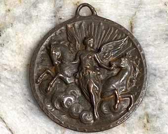 Pewter Angel and Horses Medal Pendant Jewelry Rustic components Bohemian Boho Necklace Findings Charm Antique Rusty Brown 1 pc. (RB2)
